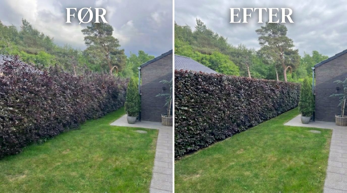 Før og efter hækklipning udført af Frederikssund Haveservice